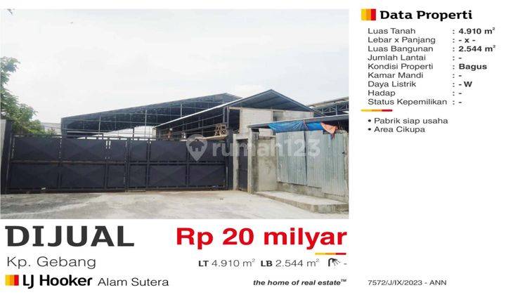  Pabrik di Kp. Gebang, Cikupa 2544 m² siap usaha 2