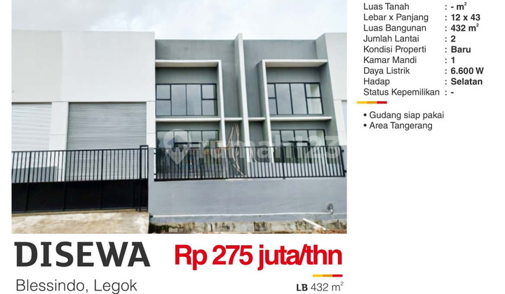 Warehouse in Blessindo, Legok 432 m² Ready to Use Warehouse in Blessindo, Legok 432 m² Ready to Use