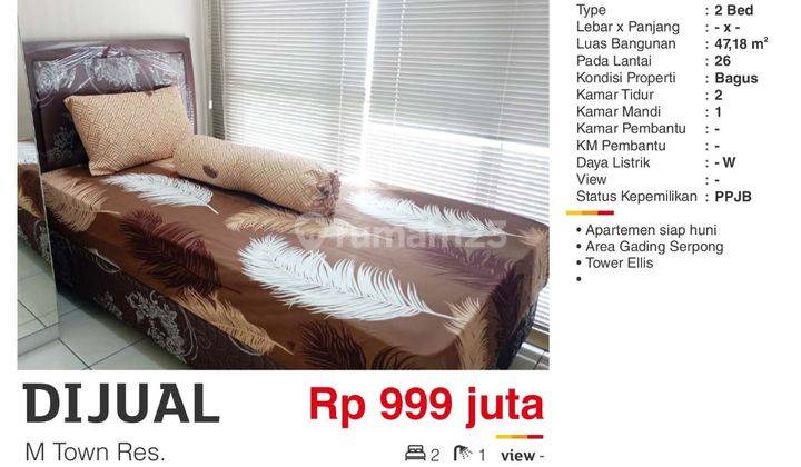  Apartemen M Town Resident 2 Kamar Tidur 2