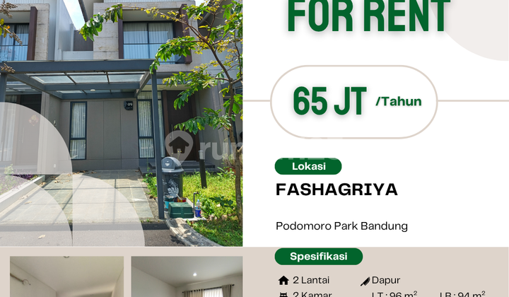 For Rent Modern 2-Story Residence in Fashagriya Cluster, Podomoro Park Bandung