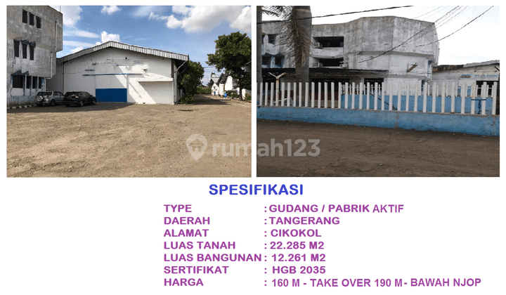 di Jual Pabrik Murah Harga di Bawah Njop Jl Asrama Dematex Cikokol, Tangerang 1