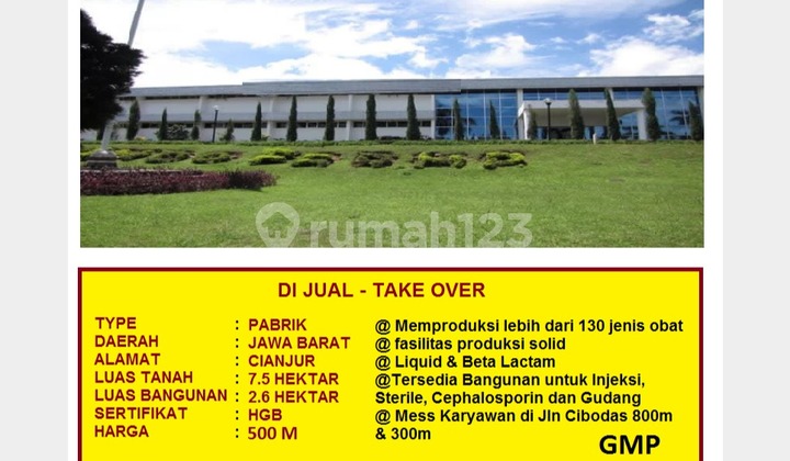 For Sale: Cheap Pharmaceutical Factory, 7.5 Hectares Land Area, Sukanagalih, Cianjur, West Java.