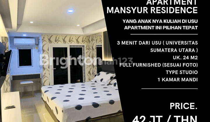 Apartment Mansyur Residence. Full Furnished. 3 Menit Dari Usu 1