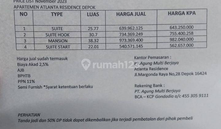  Apartemen Atlanta Residence Strategis Dijual Cepat Bu di Depok Harga Dibawah Pasaran Dan Nego Santai 2