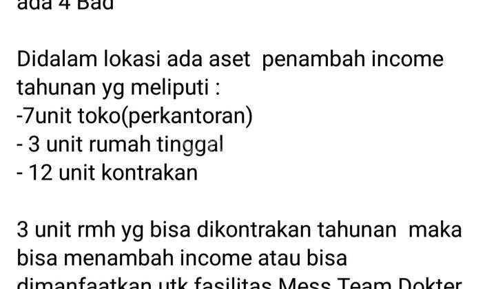 Di jual nego, Klinik luas 2200 mt, SHM, izin lengkap, ambulance (Umum, persalinan, khitan, Gigi / BPJS) dan ruang usaha lainnya, ruang perkantoran, rumah pintu ada 12, ruang utk istirahat dokter, halaman luas, ada rumah induk, garasi mobil lega, pinggir j 11