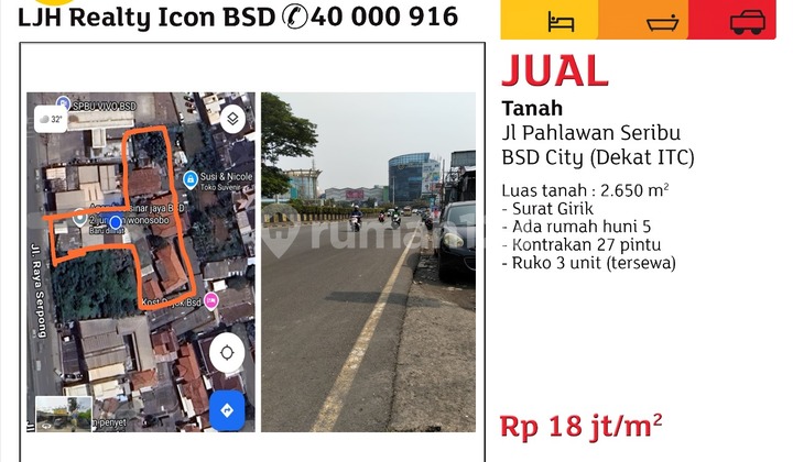 Tanah di Jl. Pahlawan Seribu No. 7, Lengkong Gudang, Serpong, Kota Tangerang Selatan, Banten, Indonesia, 15321, BSD 2650.0 m²