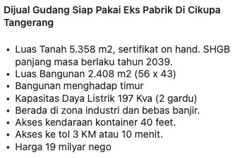 Gudang Eks Pabrik Cikupa Luas 5.358m2 Zona Industri 2