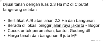 Tanah 2,3 Ha Ciputat Tangerang Selatan Lokasi Pinggir Jalan Raya 2