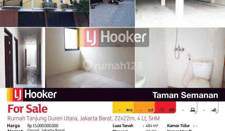 Rumah Kost an Baru & megah 5lt SHM 22x22m lb 1870m. kmr 27 bisa di extant jd 51 kmr. Tanjung Duren. Sgt strategis. Kmpus UnTar, Trisakti & Ukrida , restauran sekolah bank mall Ciputra mall Taman Anggrek dan Central Park mall. Sgt nyaman dan BBS bnjir.  1