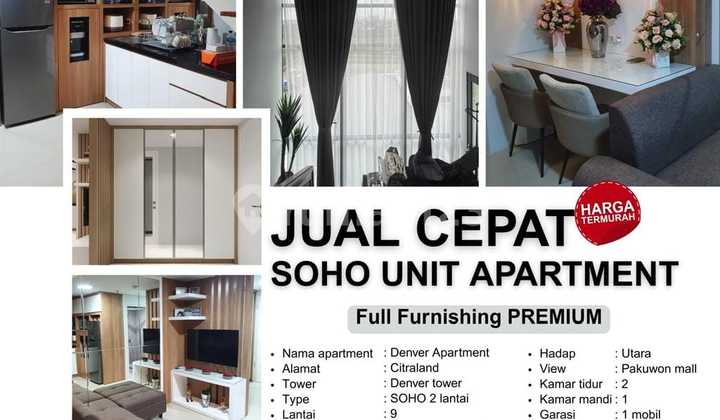 Jual Murah Apartm Denver Soho 2Lt Univ Ciputra Furnished Bagus