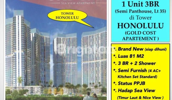 Apartemen Gold Coast 3BR Tower Honolulu Semi furnished PIK Pantai Indah Kapuk
