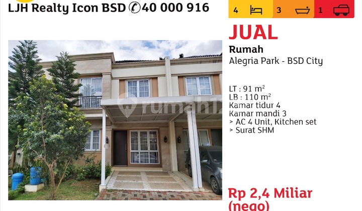 For Sale Beautiful House Near Toll Gate, Alegria Park Cluster, BSD City 2