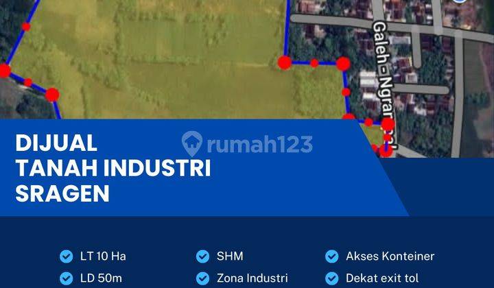 Dijual Cepat Lahan Zona Industri,lokasi Tangen,sragen,10 Ha,bu  1