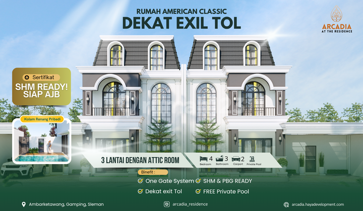 3-story house in Gamping, Sleman  
Includes Attic Room & Pool  
Near Gamping Toll Exit
