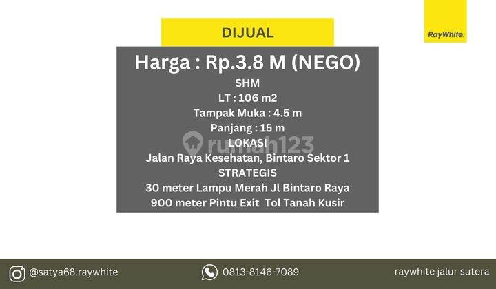 Dijual Ruko, Jalan Kesehatan Bintaro Sektor 1 Rp,3.8 M nego  2