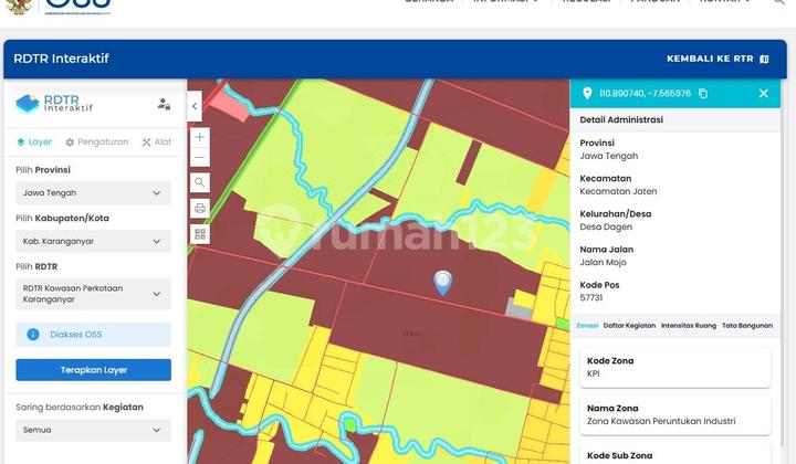 Lahan Zona Industri Lokasi Jaten, Karanganyar Luas 3326m2
