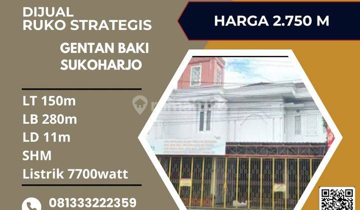 Dijual Ruko 2 Lantai Strategis,lokasi Baki, Sukoharjo,luas 150m2,BU  1