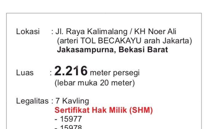 Tanah Sertifikat 2.195m² Strategis Di Kalimalang  2