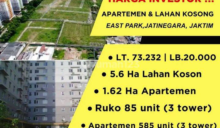 HARGA INVESTOR
APARTEMEN DAN LAHAN KOSONG APARTEMEN EAST PARK,JATINEGARA, CAKUNG JAKARTA TIMUR

LT. 73.232 (5.6 Ha lahan Kosong, 1.62 Ha, apartemen east park)
LB.20.000
apartemen ada 585 unit (3 tower) dan ruko ada 85 unit (3 tower)

sertifikat SHGB
HARGA 1