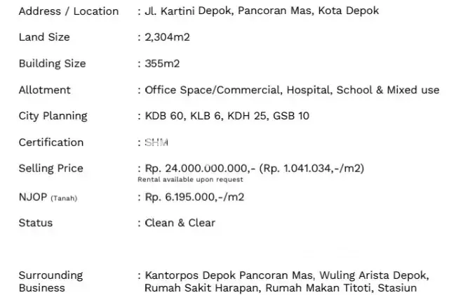 Dijual Tanah Komersil Pancoran Mas Kota Depok 2