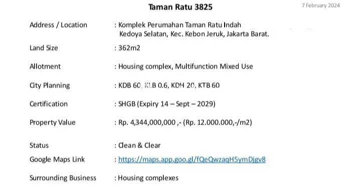 Tanah Di Perumahan Ratu Indah kebon jeruk Jakarta Barat 2