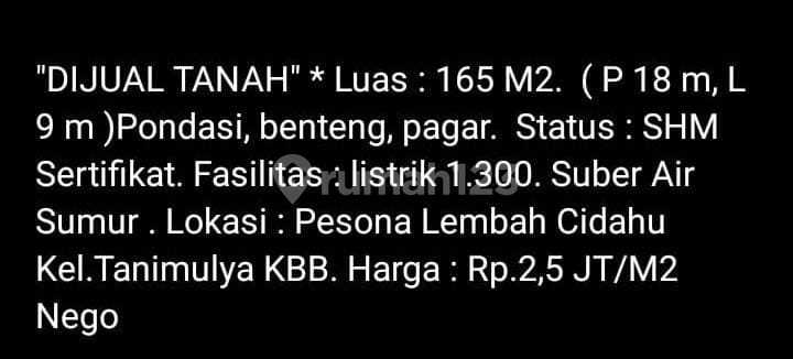 Dijual Cepat Tanah pesona lembah cidahu tanimulya cipageran bandung barat
