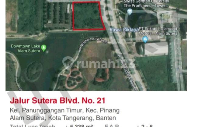 Dijual Kavling Commersil 5338 M2 di Jalur Sutera Blvd , Alam Sutera Tangerang Siap Bangun