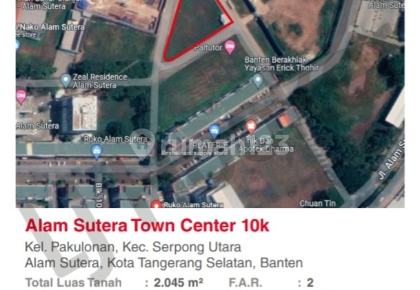 Dijual Kavling Commersil 2045 M2 Alam Sutera Town Center Tangerang 