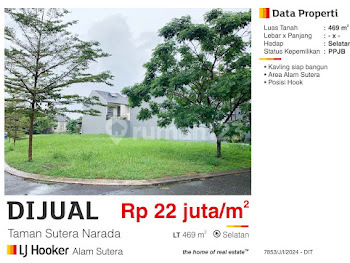Dijual Tanah Hook 469m2 Sutera Narada Alam Sutera Siap Bangun