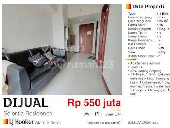 Dijual Apartemen Murah 1 BR Scientia Residence Sumarecon Serpong , Gading Serpong Tangerang Furnished Bagus Siap Huni Dekat Campus Umn Dan Sekolah All Azhar  2