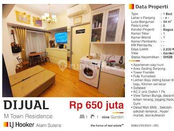 Dijual Apartemen 1 BR M Town Residence Gading Serpong Tangerang Bagus Fully Furnished Siap Huni Depan Mall SMS  1