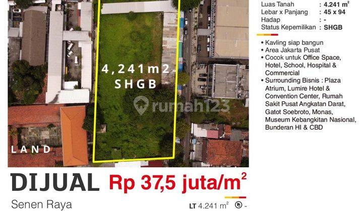 Dijual Tanah Kavling Komersial Senen Raya , Jakarta Pusat , Luas Tanah 4241 M2 Lokasi Strategis  2