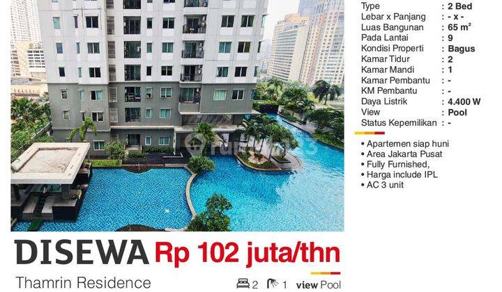 Di Sewa Apartemen 2 BR Thamrin Residence Bagus Fully Furnished Siap Huni Termasuk Ipl  1