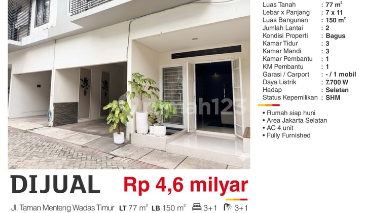 Dijual Rumah 2 Lantai Jl Taman Menteng Wadas Timur Jakarta Selatan Bagus Siap Huni Ful Furnished Pau