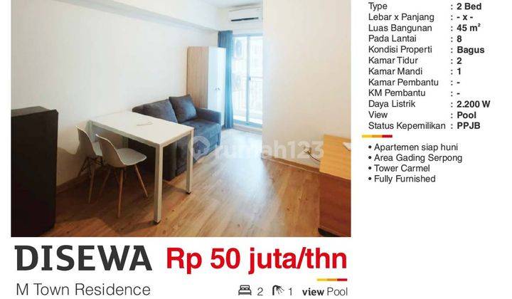 Disewa Apartemen M Town 2 BR Gading Serpong Tangerang Bagus Full Furnished Siap Huni  2