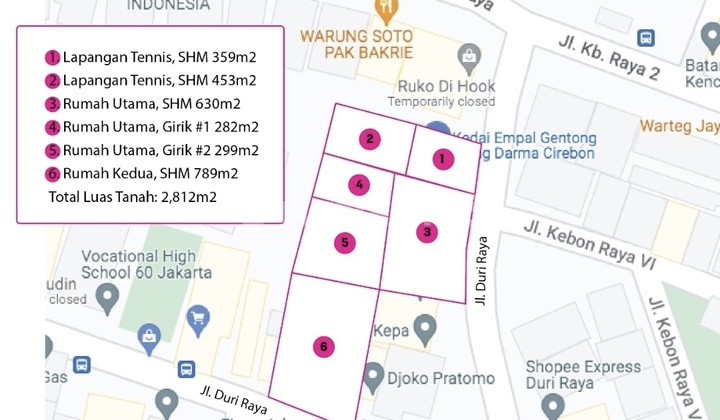 Dijual murah Tanah 2812 m2 Ada Rumah Duri Raya kebon jeruk Jakarta Barat Lokasi Jalan Komersil Area 