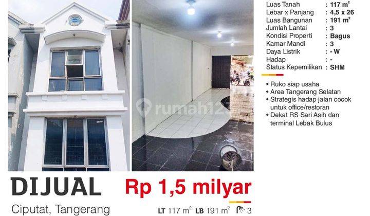 Dijual Murah Ruko 3 Lantai Ciputat Tangerang Selatan Bagus Siap Pakai SHM , Strategis Hadap Jalan  2