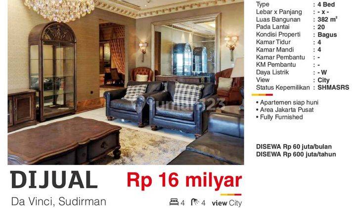 Dijual Apartemen Mewah 4 Br Da Vinci Residence Sudieman Jakarta Pusat Bagus Full Furnished Siap Huni  2