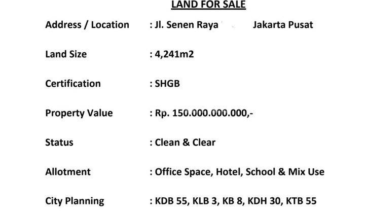 DiJual / Sewa Lahan Ekslusive di Senen Jakpus  2