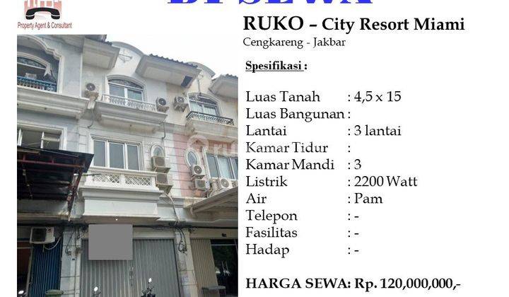 DISEWA Ruko Bagus 67,5 m di City Resort Miami 1