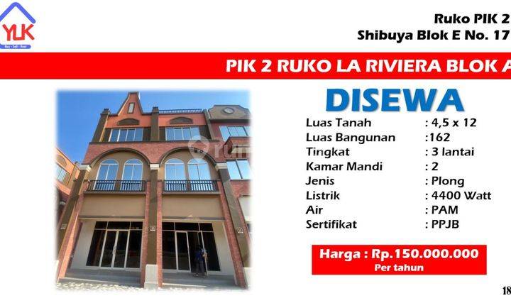 DISEWA Ruko Baru 4,5×12 di La Riviera Blok A 1