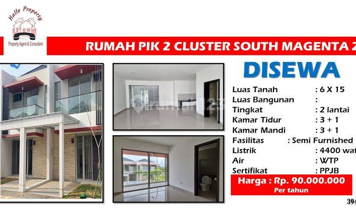 DISEWA rumah baru 2 Lantai Semi Furnished di Cluster South Magenta, ukuran 6 x 15. 1