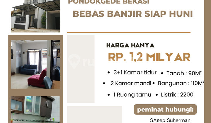 rumah 2lantai di jatiwaringin pondokgede bekasi bebas banjir siap huni