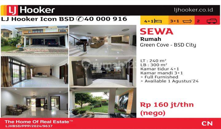 Rumah Disewakan 2 Lantai LT 240m2 LB 300m2 KT 4+1 Full Furnished di Cluster Green Cove BSD City 1