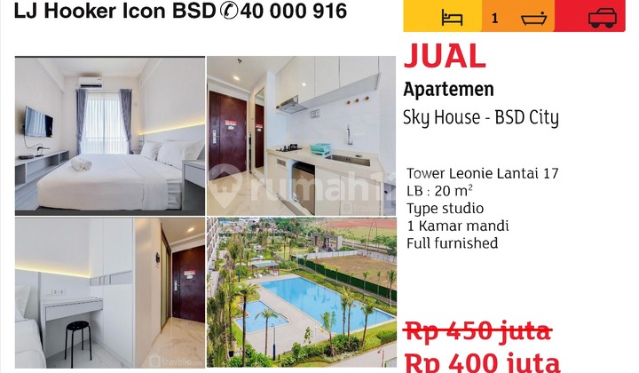 Dijual Murah Apartemen Skyhouse Bsd Type Studio Full Furnished Bagus Rapi 