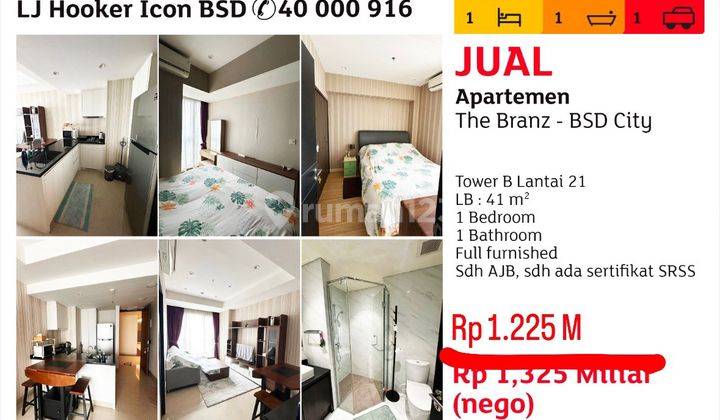 Dijual Apartemen The Branz BSD City Full Furnished Siap Huni Dekat AEON Mall  1