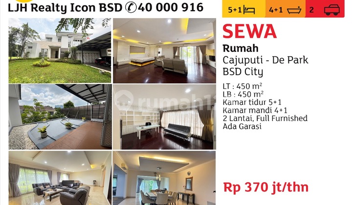 Disewakan Rumah Mewah 450m2 Full Furnished Di Cluster Cajuputi De Park Bsd City 1