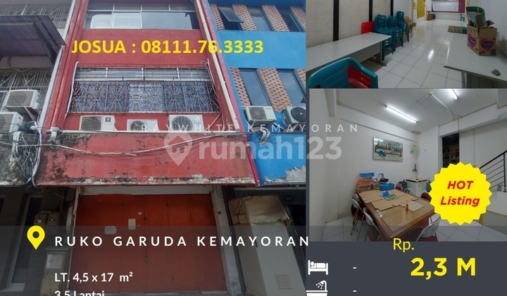 Ruko Kemayoran Jl Garuda : LT 77 m2,  3.5 Lt, Sangat Murah Jual Cpt BU
