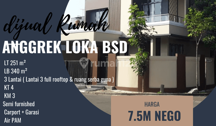 Rumah 3 Lantai Sudah Renovasi Furnished di Cluster Anggrek Loka Bsd, Tangerang 1