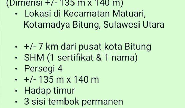 Tanah di Kecamatan Matuari, Kotamadya Bitung, Sulawesi Utara
, Bitung SHM 19.000 m² 2